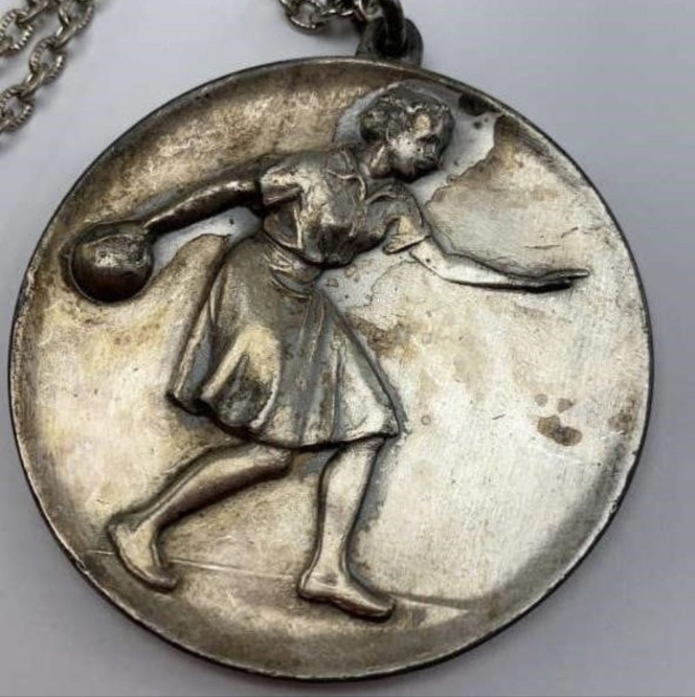 VINTAGE Rare Unique Silver 2" Bowling Pendant Necklace